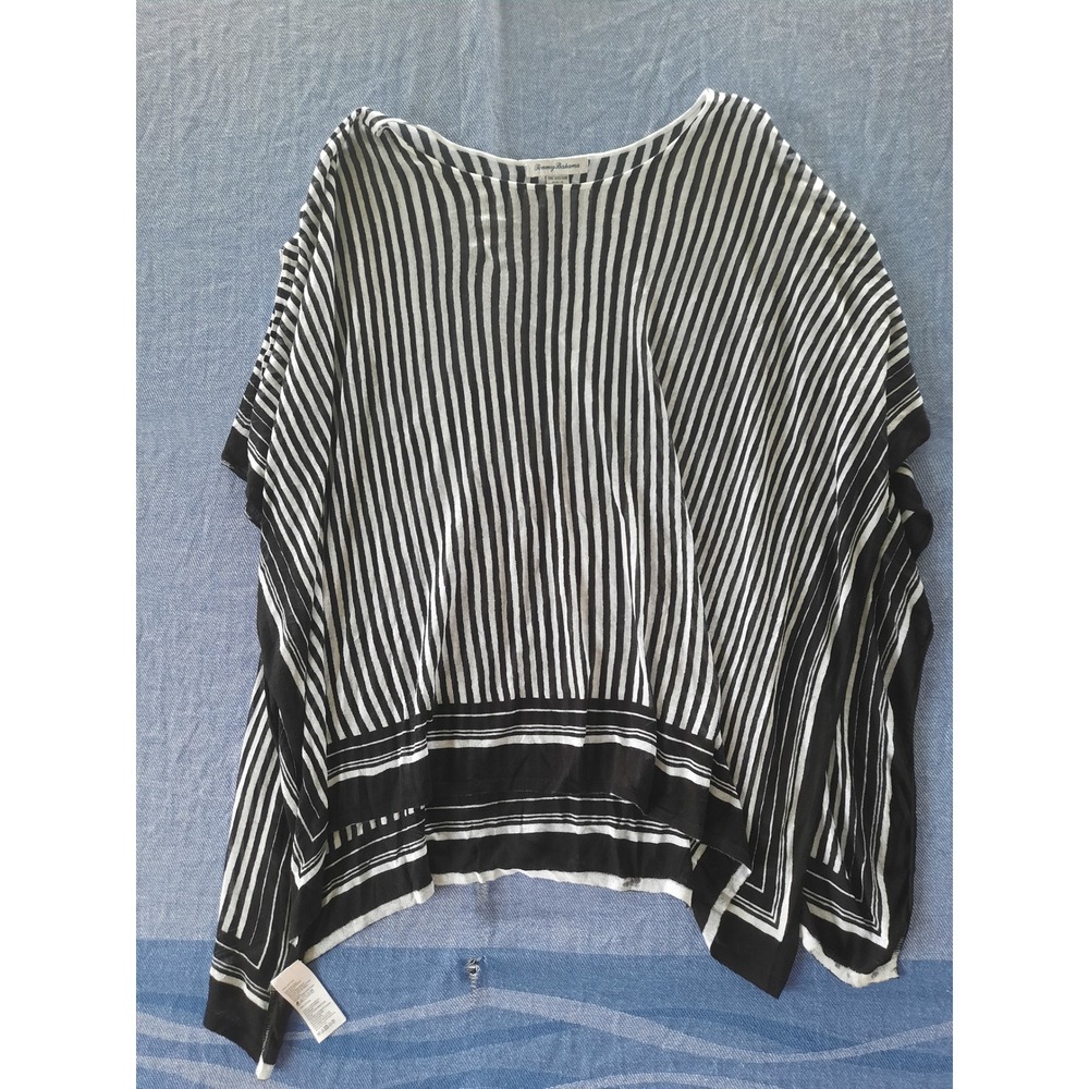 Tommy Bahama Womens One Size Striped Cotton Poncho Top Black White Layering Knit